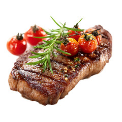 Delicious Grilled Steak with Roasted Tomatoes and Herbs on a white background