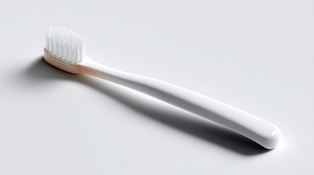 A minimalist toothbrush angled on a surface. It's handle and bristles create a clean, modern aesthetic