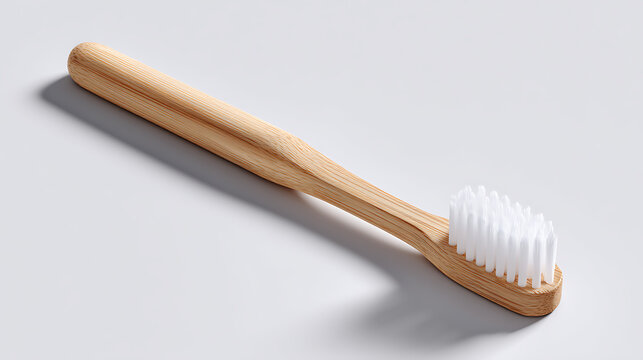 A wooden toothbrush on a smooth surface. It features a simple design