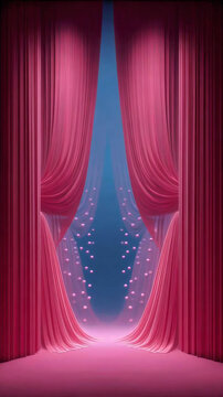 A dramatic stage with pink curtains and spotlight illuminating the scene