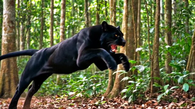 Fierce Black Panther Roaring and Prowling in Lush Green Jungle.