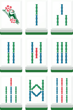 Mahjong bamboo tile set flat vector illustration