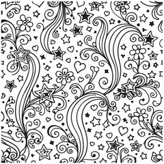 Fototapeta premium Intricate black and white pattern with swirls, stars, and hearts