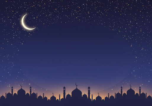Peaceful Eid Mubarak backdrop featuring starry blue sky and dark mosque skyline silhouette