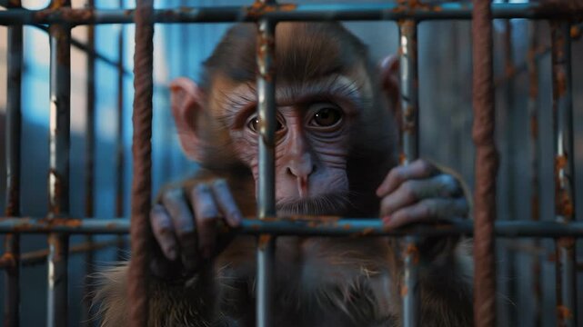 baby macaque trapped behind rusty bars in crowded cage, closeup eyes reflecting fear and longing, neglected conditions hinting at illegal trade, portrait conveying isolation and urgent need