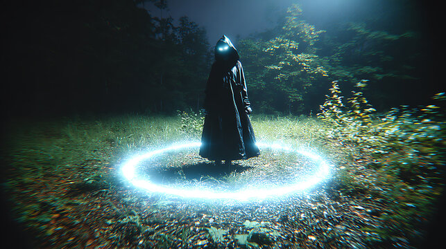 A mysterious figure standing within an illuminated circle in the dark forest. The image evokes a sense of enchantment and the unknown.