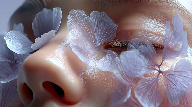 Close-up of a human eye adorned with delicate, ethereal petals, emphasizing tranquility and natural beauty. This image evokes a sense of peace and the serenity of nature. 