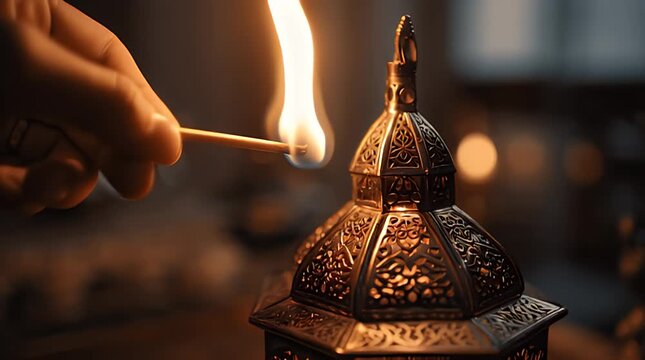 Hand lighting traditional copper lamp.