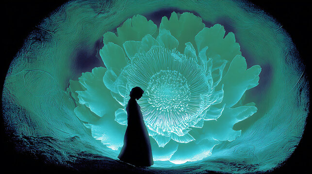 A silhouette of person stands before an illuminated, surreal flower