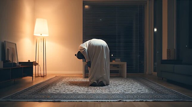 Man Praying Alone in Dimly Lit Room.
