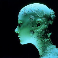 Obraz premium An illuminated sculpture of a woman's head with floral designs. The sculpture glows with a soft, ethereal light against a dark background, highlighting the intricate details of the artwork