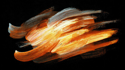 暗闇の中で力強く輝くゴールドとオレンジの立体的な光の筆跡と油彩風ブラシストローク