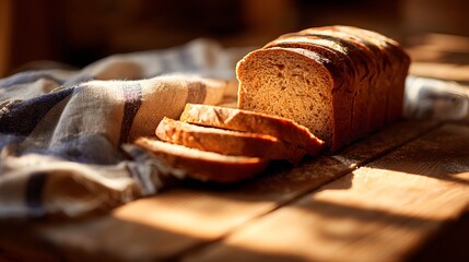 Freshly Baked Sliced Bread on a Rustic Wooden Table with Natural Light.