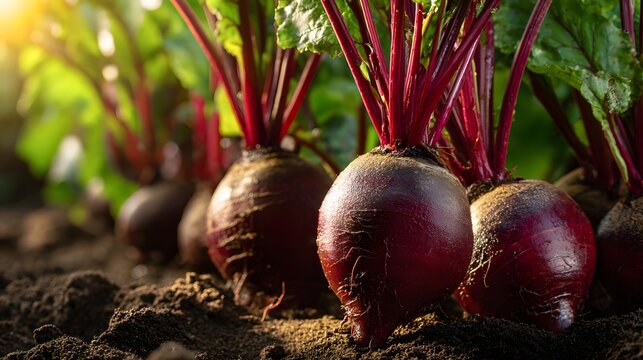 Freshly harvested beets growing in rich soil under warm sunlight.
