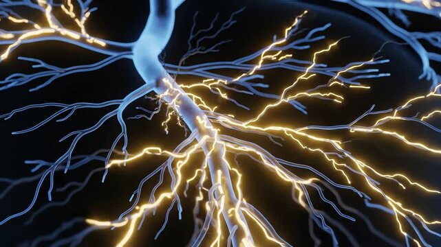 Nerve conduction changes. Electrical impulses travel along the affected nerve root more slowly and irregularly than normal. Downstream sensory pathways flicker, illustrating numbness, pins-and-needles