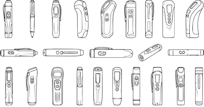 Set of Vector Line Art Drawings: Presentation Clicker, Laser Pointer, and Remote Control Designs