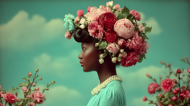 A woman with a stunning floral headpiece, in profile, set against a dreamy background with flowers in the foreground. It evokes a sense of serenity and elegance
