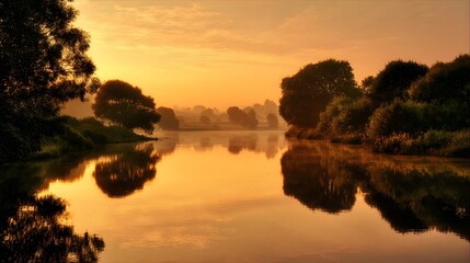 Golden Sunrise Over Tranquil River with Silhouetted Trees Reflected in Water.