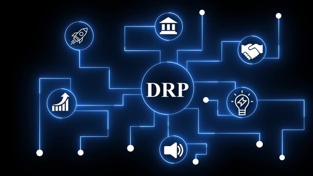 DRP Disaster Recovery Plan network diagram with icons and with gears background business continuity. 4k motion Technology and network concept.