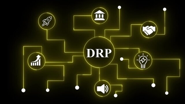 DRP Disaster Recovery Plan network diagram with icons and with gears background business continuity. 4k motion Technology and network concept