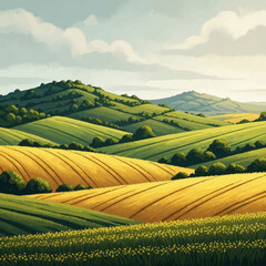 Serene countryside landscape with rolling hills and fields.