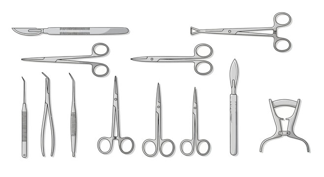 Assorted medical instruments laid out on a sterile surface, viewed from directly above, showcasing various surgical tools