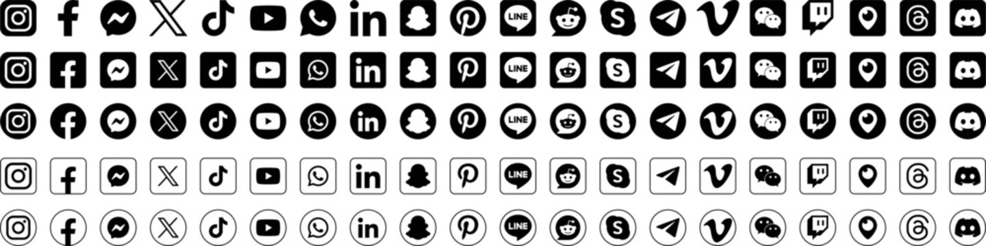 Social media logotype set. facebook, instagram, youtube, whatsapp, tiktok, X ,Twitter, Snapchat, Linkedin, logo set. Social network icons collection