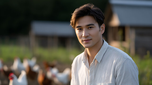 A portrait of a serene man standing in a farm, exuding a gentle demeanor with the backdrop of a coop. The person has an amicable appearance.