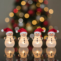 Row of Four Glowing Snowman Figurines with Festive Bokeh Background