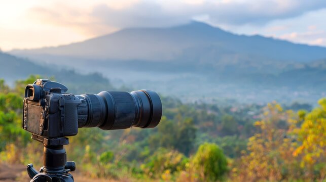 Camera lens focused on majestic mountain landscape at dawn