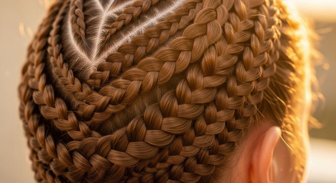 A close-up of a woman's head with intricately braided hair and a unique design.