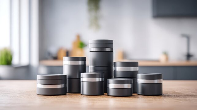Set of Modern Leakproof Reusable Food Containers on a Wooden Table
