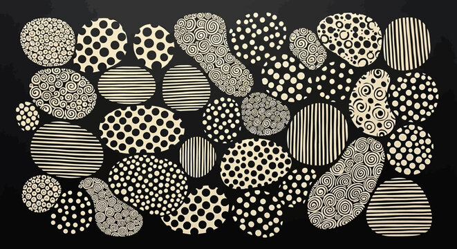 Collection of variously patterned stones on a black background.