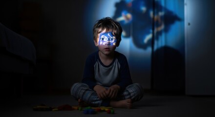 Obraz premium A young boy sitting in a dark room with a projector shining a cartoon character on the wall in front of him.