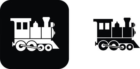 Fototapeta premium Black and white icons of a classic steam locomotive are displayed with one set inside a square icon format.
