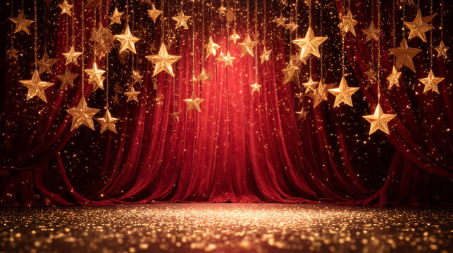 stars on a festival stage with a red curtain and sparkles