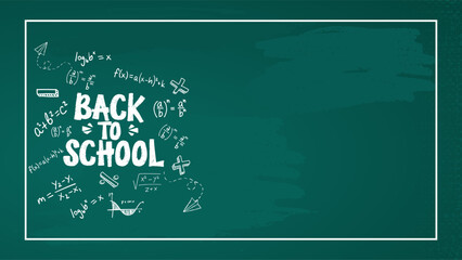 Back to School Chalkboard doodles Illustration. Back to School background with green chalk board and school supplies. © hibonaya