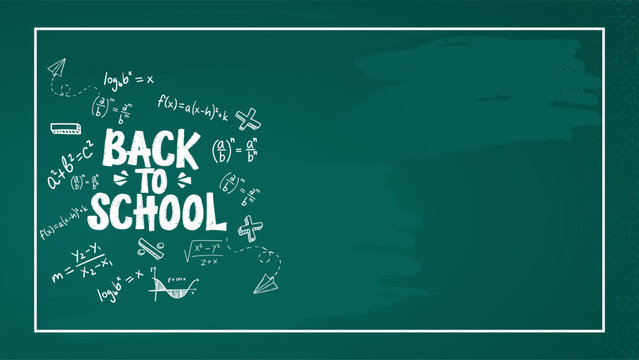 Back to School Chalkboard doodles Illustration. Back to School background with green chalk board and school supplies.