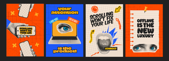 Set of bold halftone collage posters about internet addiction and digital obsession. Retro pop art style with smartphone, eye and typography for social media and modern design. © katyaskrn