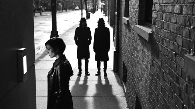 Woman Watching People Walking Down Alleyway.