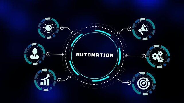 Industrial and digital process automation concept with gear and robot icons on a professional technology blue background.