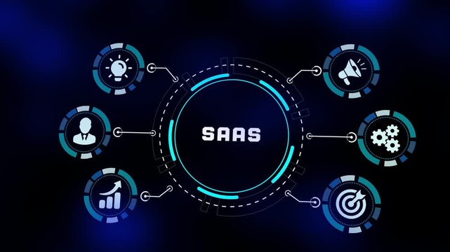 Software as a Service SaaS cloud computing concept with subscription icons and digital application symbols on a blue background.
