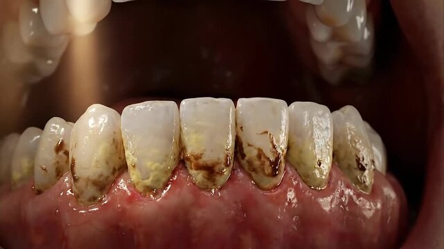 Close Up of Human Teeth Showing Plaque and Staining with Medical Dental Examination Lighting and Gum Detail