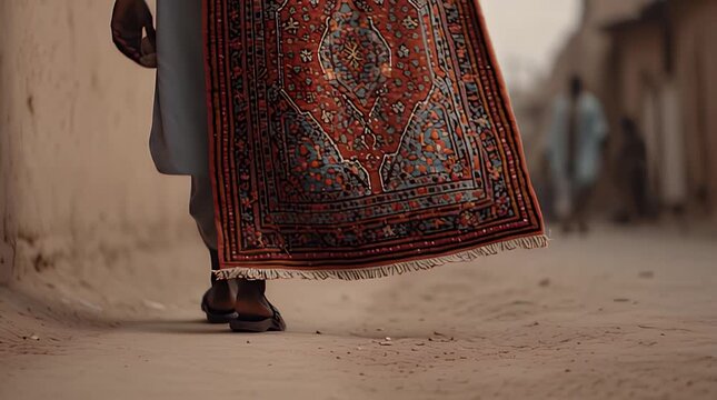 Man Walking Down Street with Carpet.