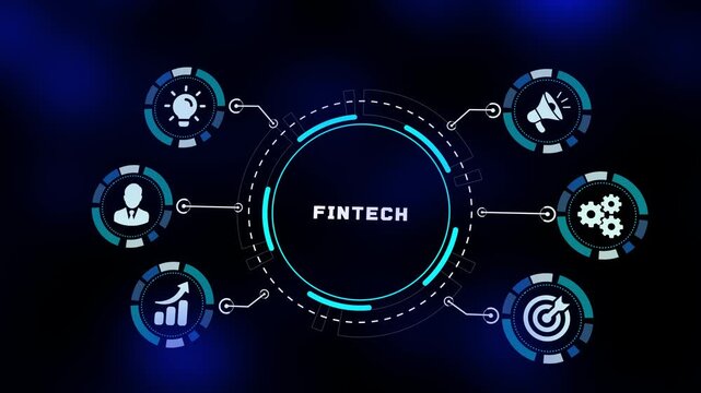 Fintech financial technology concept with banking and investment icons for digital payment and online trading on a blue background.