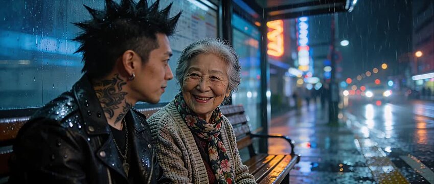 Connectioneering generation gap urban night bus stop rain with smile tattoo leather jacket punk youth and grandmother friendship city neon street reflection wet bench conversation family relation
