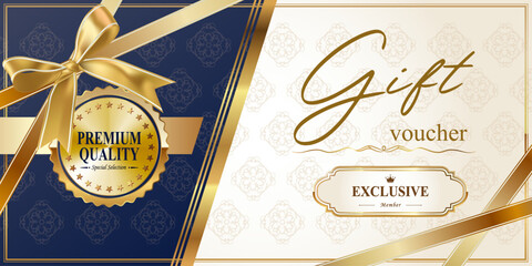 Elegant Gift Voucher Template with Golden Ribbon and Navy Blue Ornament