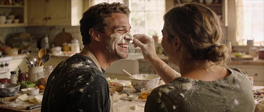 Happy couple kitchen playful baking flour fight messy counter cozy home natural light domestic life candid moment smiling man woman back view young playful couple baking fun home cooking messy