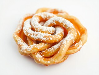 Fototapeta premium Golden fried funnel cake dusted with powdered sugar in a rose shape