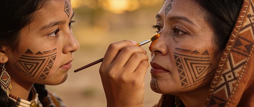 Young girl woman face paint tribal pattern brush ritual culture tradition outdoor portrait emotional connectioneering spirit flows warm indigenous mother daughter ethnic ritual cultural heritage